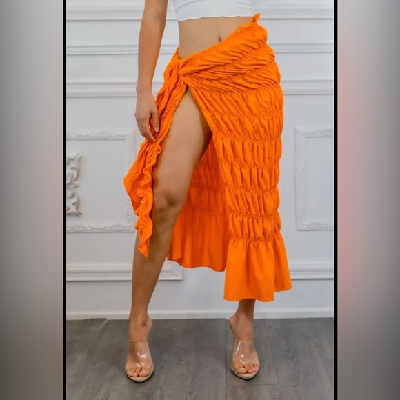 Vibrant Orange Ruched Women's Skirt - Picture 1 of 6